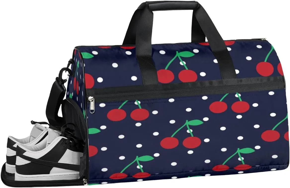 Cherry Fruits Dots Sports Gym Bag with Wet Pocket & Shoes Compartment Waterproof Workout Duffel Bag for Women and Men Weekender Overnight Duffle Bag Travel Carry-on Tote