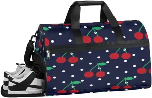 Cherry Fruits Dots Sports Gym Bag with Wet Pocket & Shoes Compartment Waterproof Workout Duffel Bag for Women and Men Weekender Overnight Duffle Bag Travel Carry-on Tote