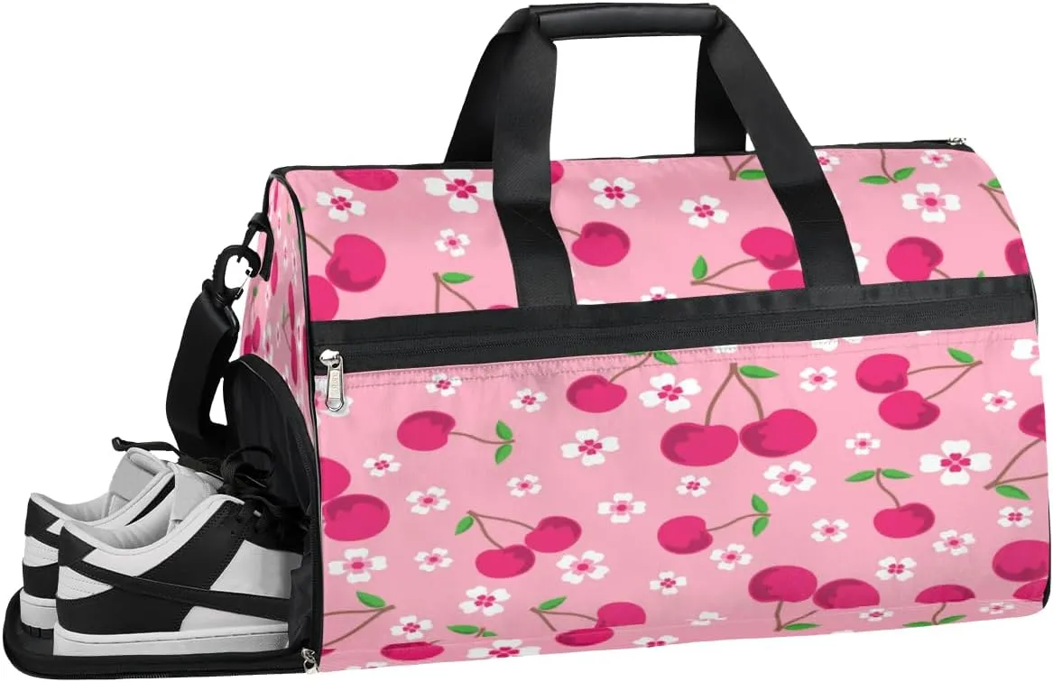 Cherry Pattern Sports Gym Bag with Wet Pocket & Shoes Compartment Waterproof Workout Duffel Bag for Women and Men Weekender Overnight Duffle Bag Travel Carry-on Tote