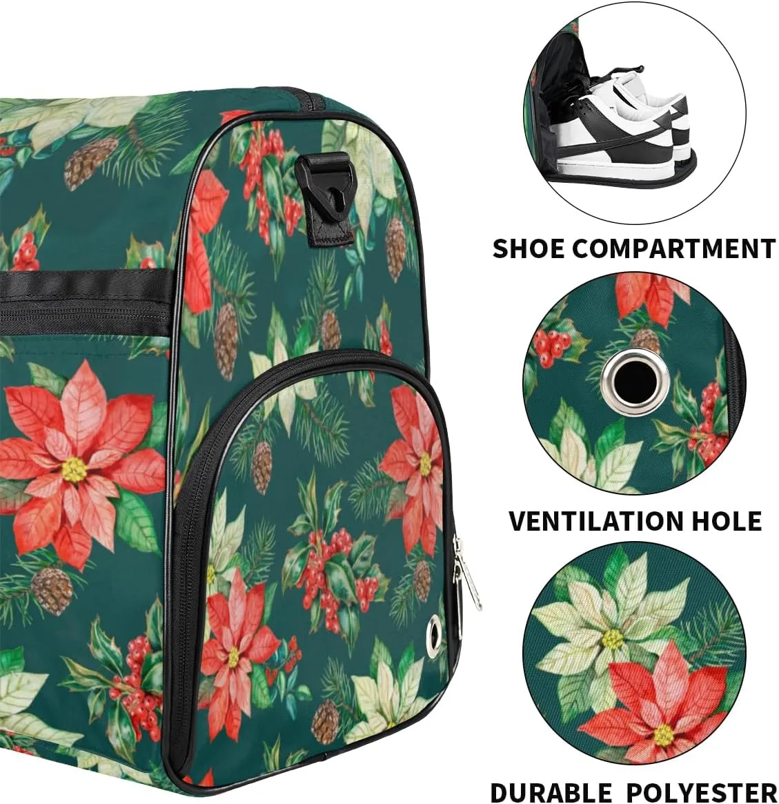Christmas Watercolor Flower Sports Gym Bag for Women Men Travel Duffel Bag with Wet Pocket & Shoes Compartment Waterproof Weekender Overnight Tote Carry on Bag Lightweight