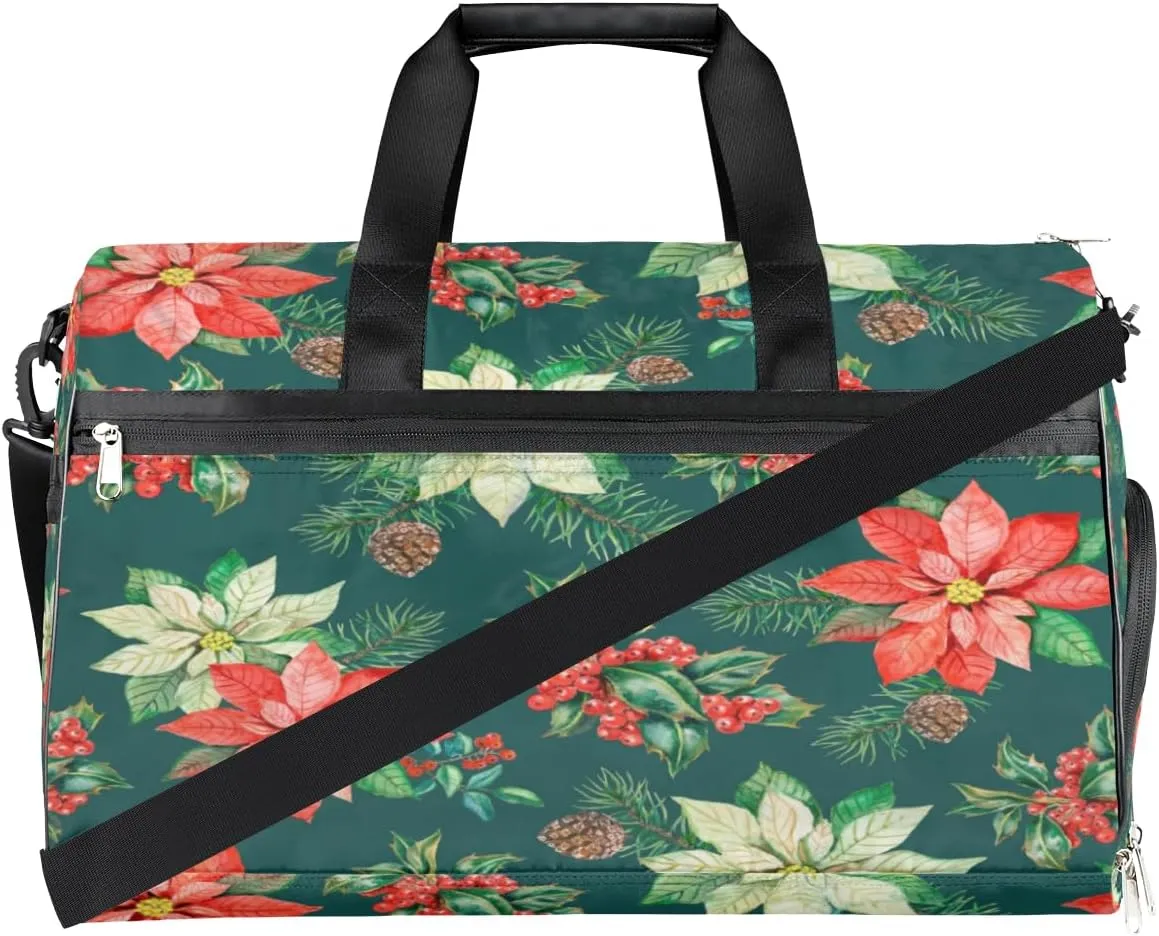 Christmas Watercolor Flower Sports Gym Bag for Women Men Travel Duffel Bag with Wet Pocket & Shoes Compartment Waterproof Weekender Overnight Tote Carry on Bag Lightweight