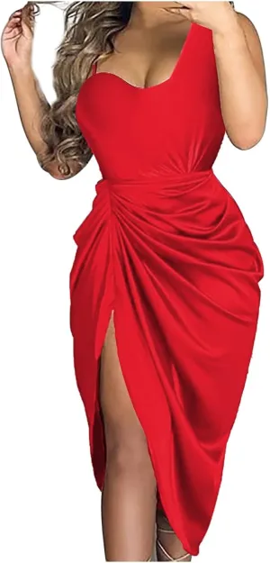 Cocktail Dresses for Women,2024 Summer Elegant Bodycon V Neck Party Dress,Trendy Pleated Irregular Hem Formal Dress