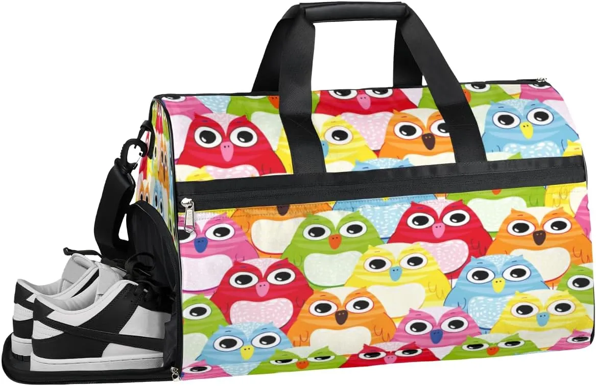 Colorful Owl Sports Gym Bag with Wet Pocket & Shoes Compartment Waterproof Workout Duffel Bag for Women and Men Weekender Overnight Duffle Bag Travel Carry-on Tote
