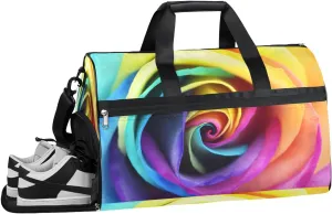 Colorful Rainbow Flower Rose Resistant Sports Gym Bag for Women Men Travel Duffel bag with Wet Pocket & Shoes Compartment Waterproof Weekender Bag 19.7"x9.9"x13"