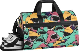 Colorful Sharks Sports Gym Bag with Wet Pocket & Shoes Compartment Waterproof Workout Duffel Bag for Women and Men Weekender Overnight Duffle Bag Travel Carry-on Tote