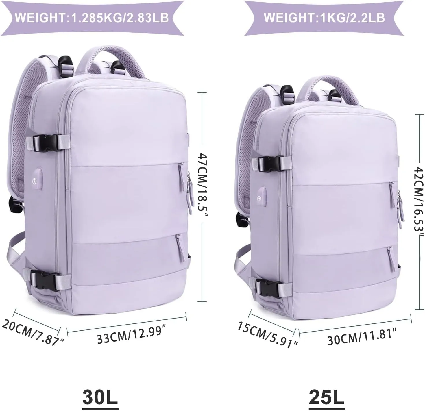 coowoz Large Travel Backpack For Women Men,Carry On Flight Approved,Hiking Waterproof Outdoor Sports Rucksack Casual Daypack Fit 15.6 Inch Laptop Shoes Compartment (Purple)