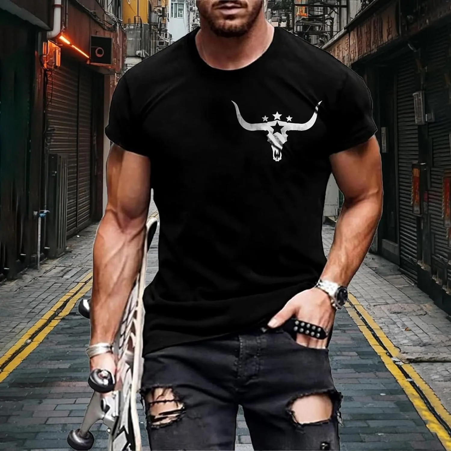 Crewneck Vintage T Shirts for Men Slim Fit Short Sleeve 2025 Trendy Summer Graphic Tees Hip Hop Hipster Streetwear