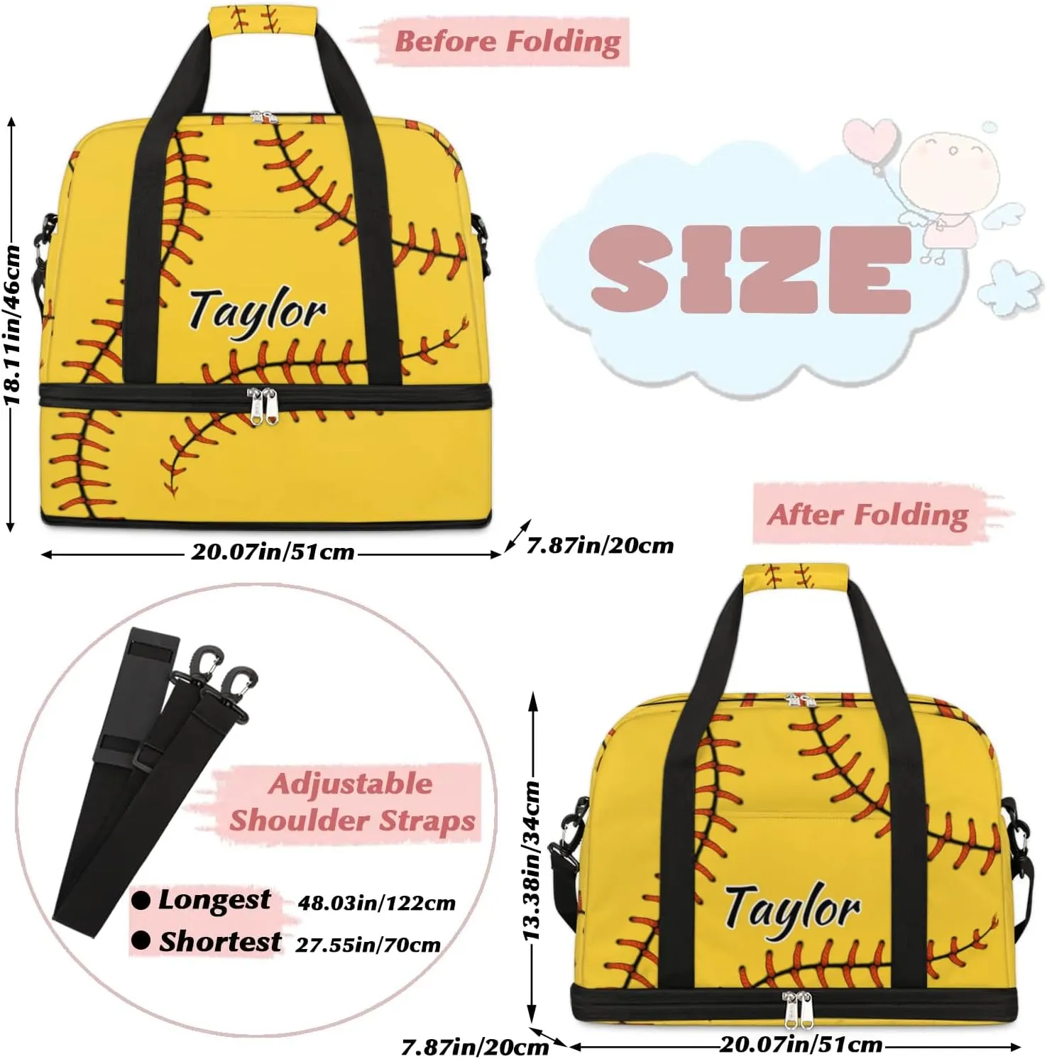 Customized Gym Bag for Women, Personalized Baseball Travel Duffel Bag with Name, Baseball Red Stitching Weekender Overnight Bag with Shoes Compartment for Men Travel Yoga