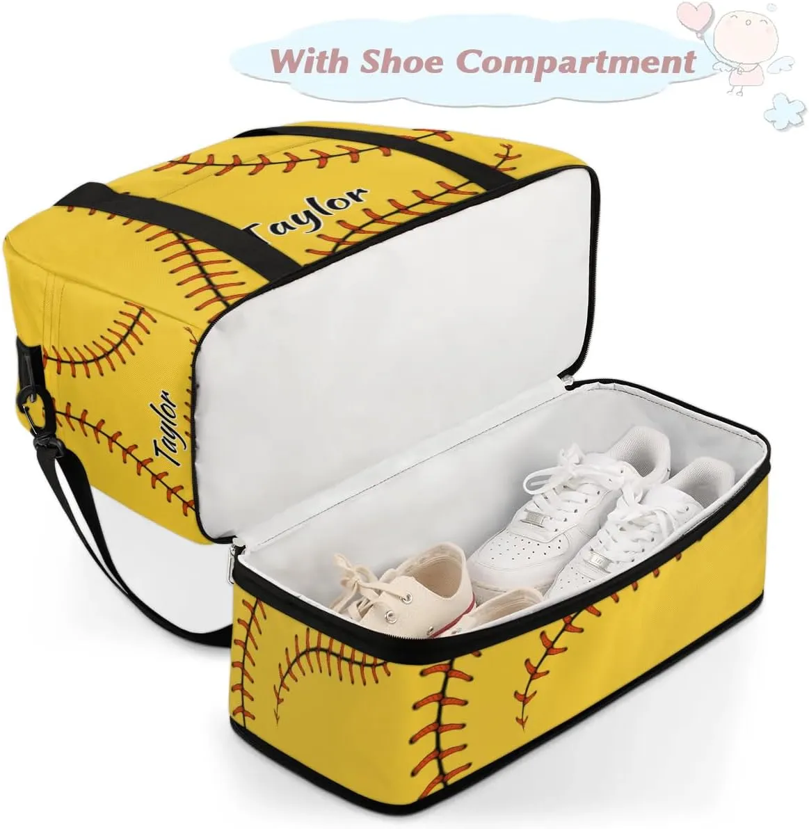Customized Gym Bag for Women, Personalized Baseball Travel Duffel Bag with Name, Baseball Red Stitching Weekender Overnight Bag with Shoes Compartment for Men Travel Yoga