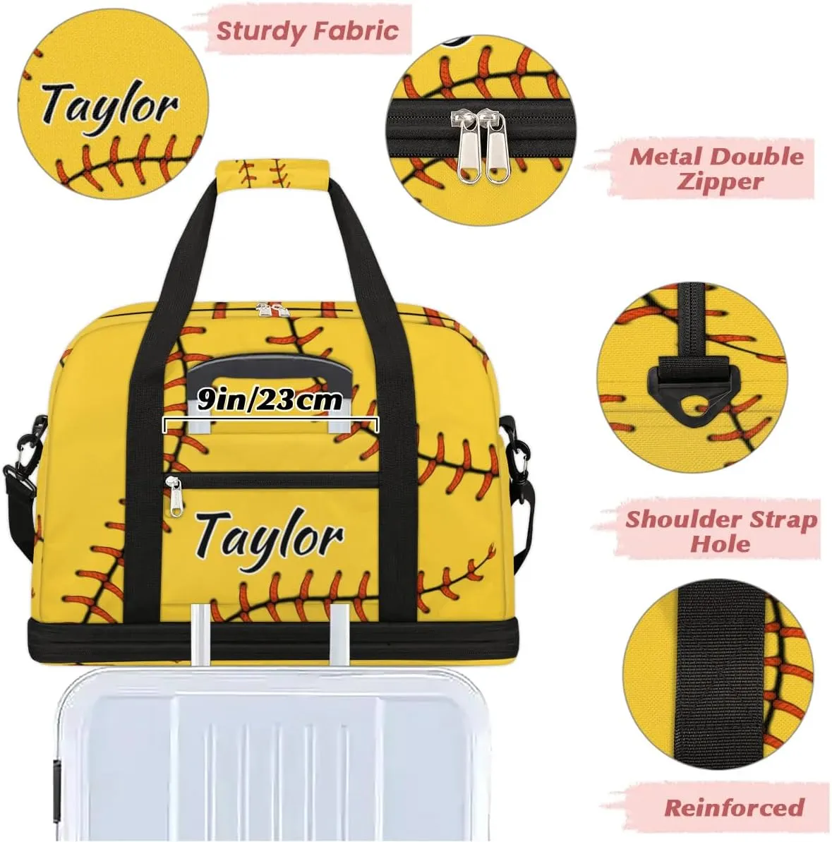 Customized Gym Bag for Women, Personalized Baseball Travel Duffel Bag with Name, Baseball Red Stitching Weekender Overnight Bag with Shoes Compartment for Men Travel Yoga