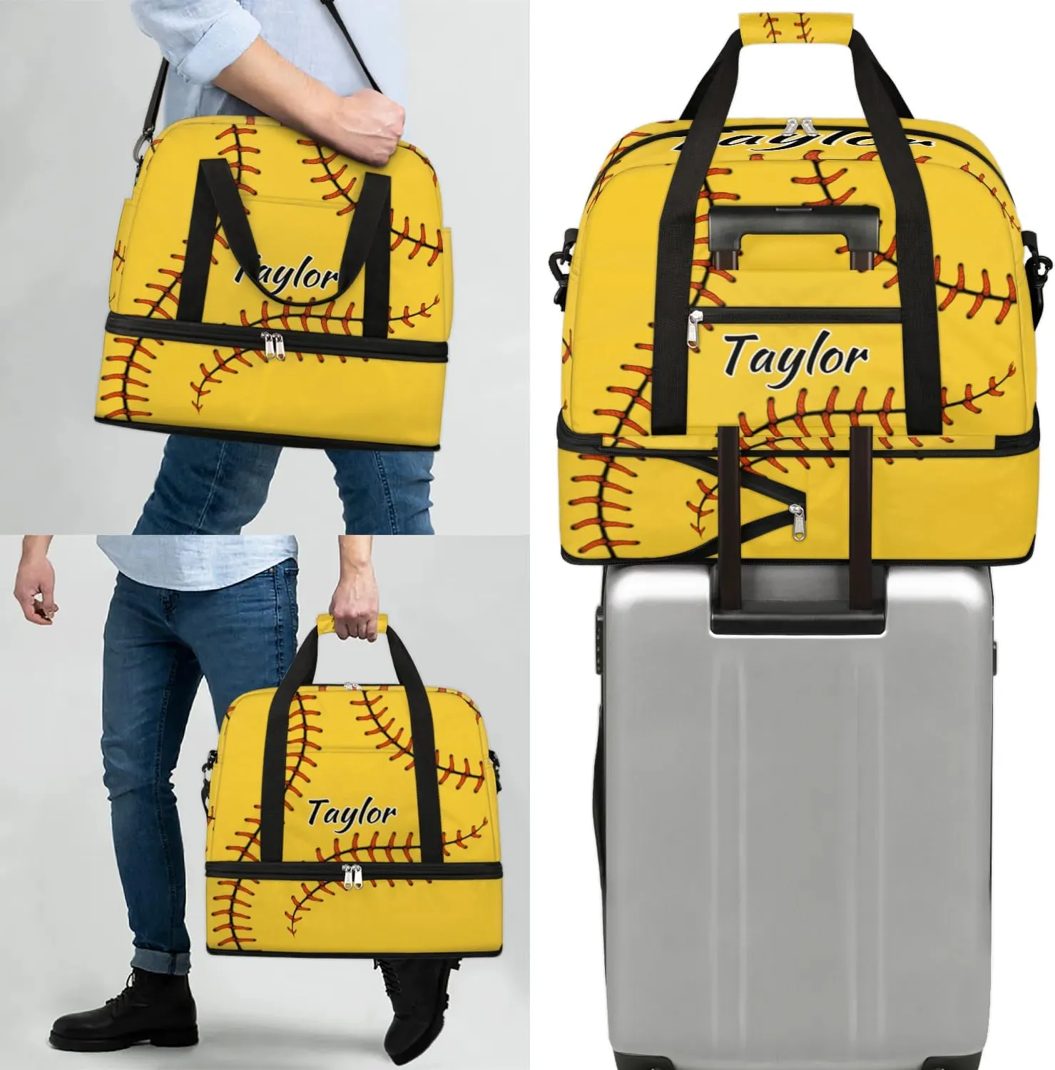 Customized Gym Bag for Women, Personalized Baseball Travel Duffel Bag with Name, Baseball Red Stitching Weekender Overnight Bag with Shoes Compartment for Men Travel Yoga