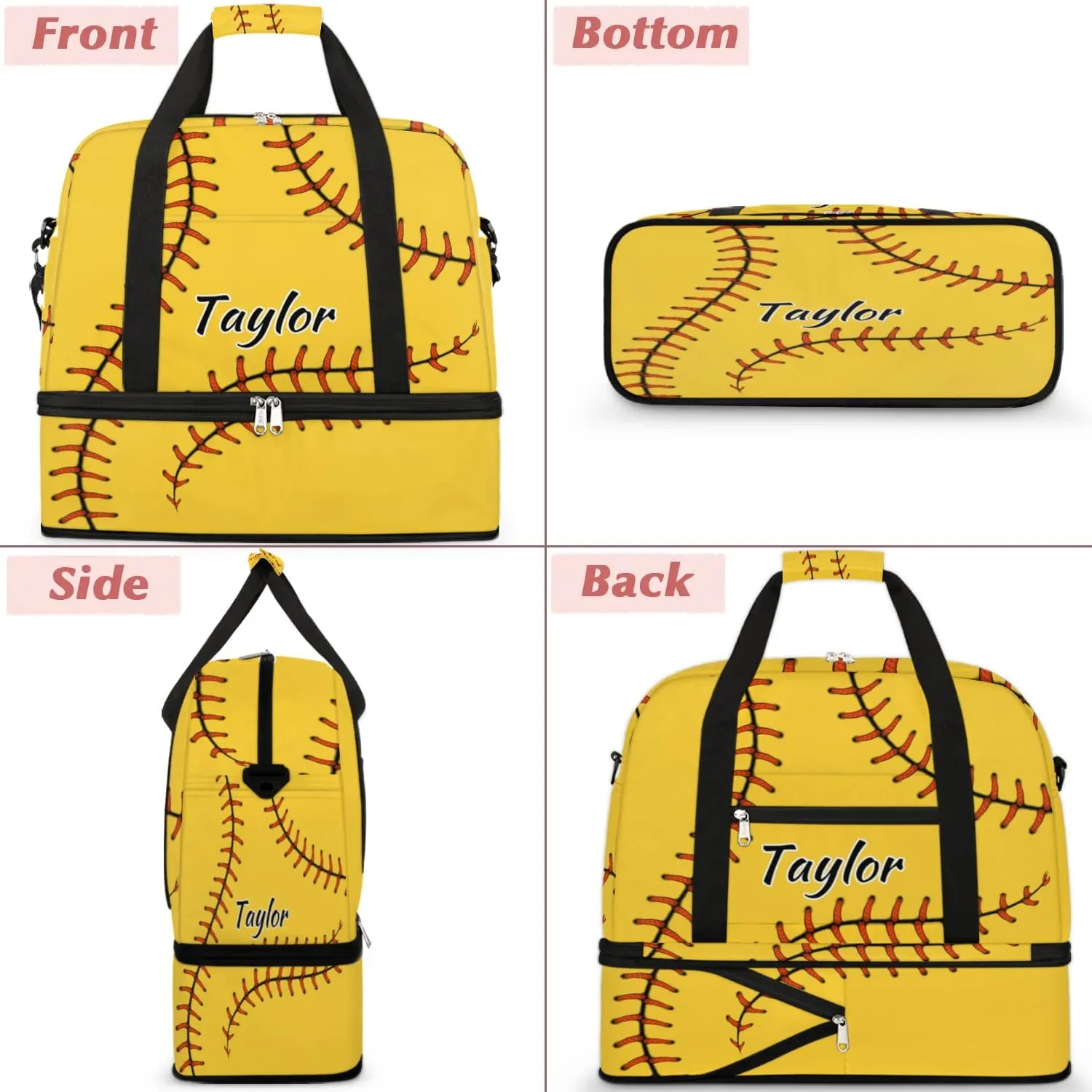 Customized Gym Bag for Women, Personalized Baseball Travel Duffel Bag with Name, Baseball Red Stitching Weekender Overnight Bag with Shoes Compartment for Men Travel Yoga