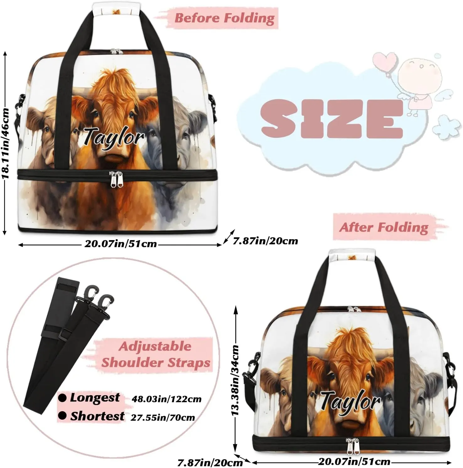 Customized Gym Bag for Women, Personalized Cattle Cow Travel Duffel Bag with Name, Farm Animal Weekender Overnight Bag with Shoes Compartment for Men Travel Yoga
