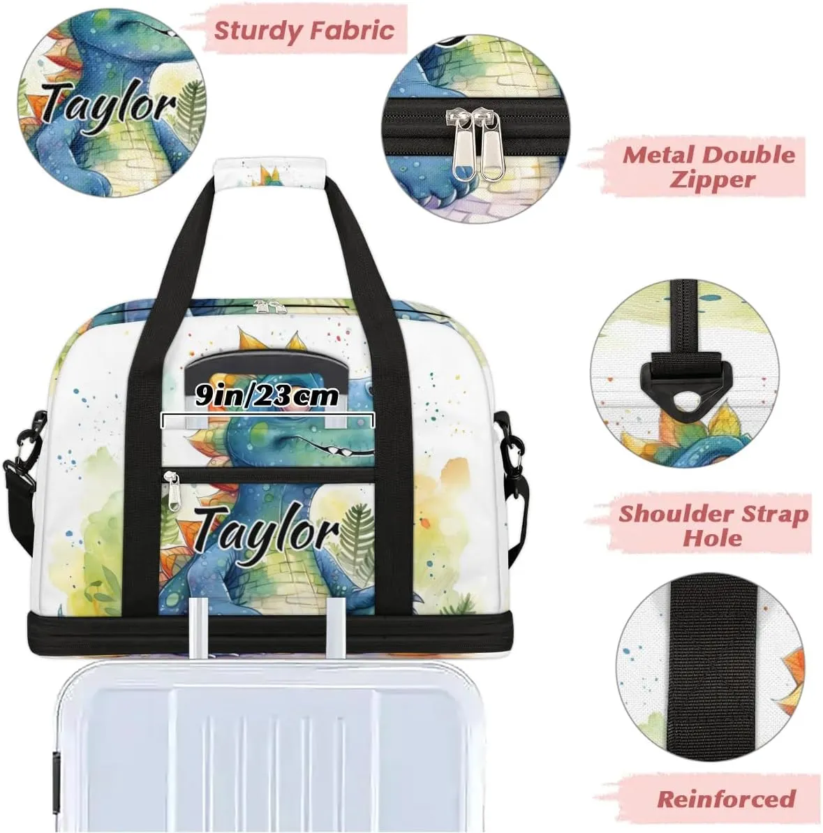 Customized Gym Bag for Women, Personalized Cute Dinosaur Travel Duffel Bag with Name, Dinosaur Theme Weekender Overnight Bag with Shoes Compartment for Men Travel Yoga