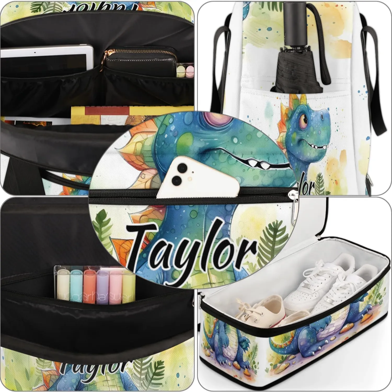 Customized Gym Bag for Women, Personalized Cute Dinosaur Travel Duffel Bag with Name, Dinosaur Theme Weekender Overnight Bag with Shoes Compartment for Men Travel Yoga