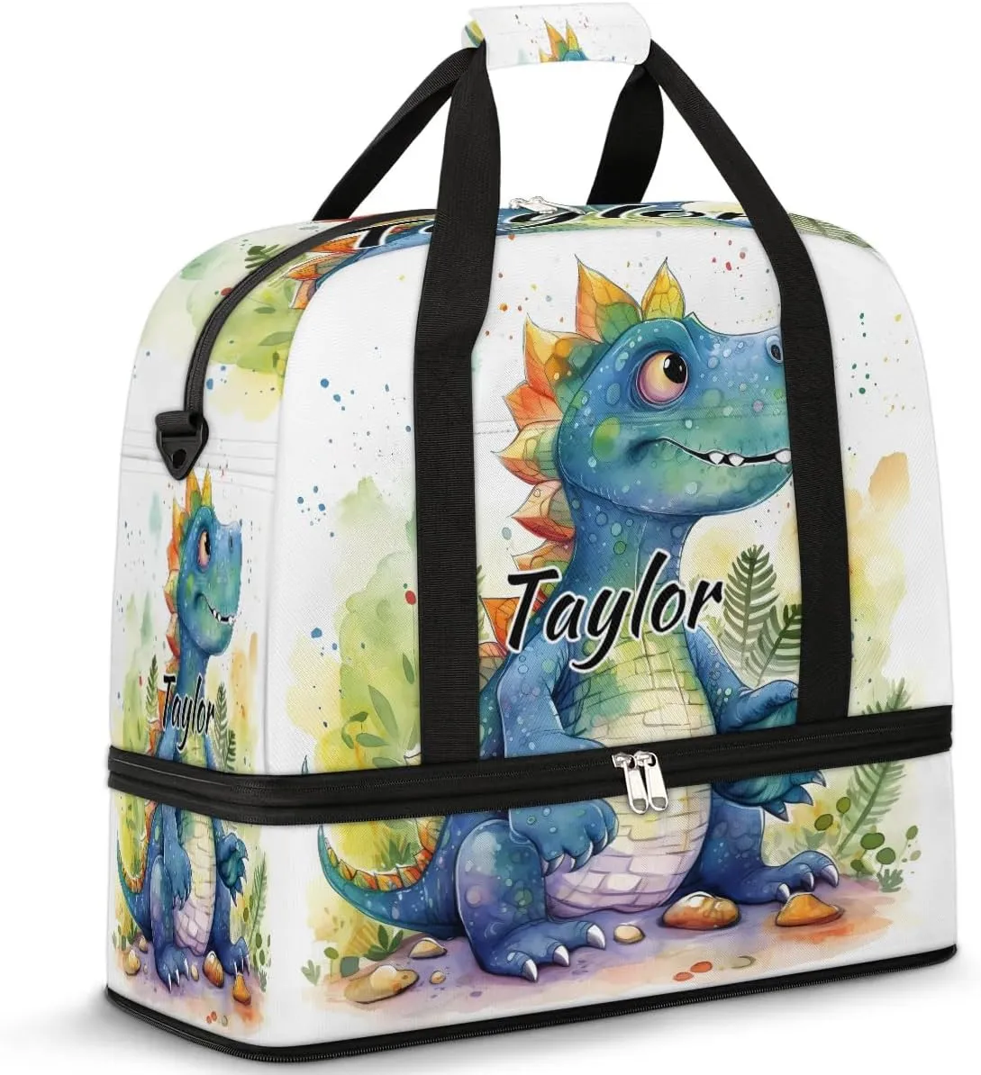 Customized Gym Bag for Women, Personalized Cute Dinosaur Travel Duffel Bag with Name, Dinosaur Theme Weekender Overnight Bag with Shoes Compartment for Men Travel Yoga