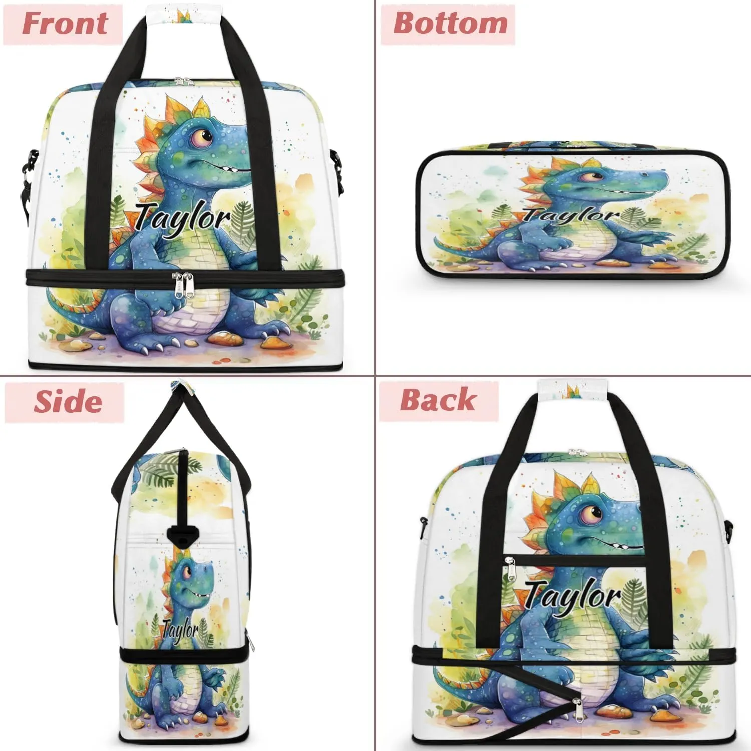 Customized Gym Bag for Women, Personalized Cute Dinosaur Travel Duffel Bag with Name, Dinosaur Theme Weekender Overnight Bag with Shoes Compartment for Men Travel Yoga