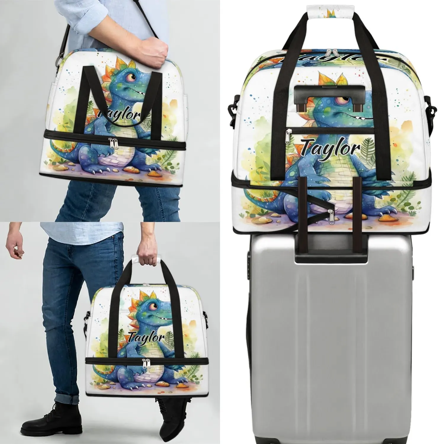 Customized Gym Bag for Women, Personalized Cute Dinosaur Travel Duffel Bag with Name, Dinosaur Theme Weekender Overnight Bag with Shoes Compartment for Men Travel Yoga