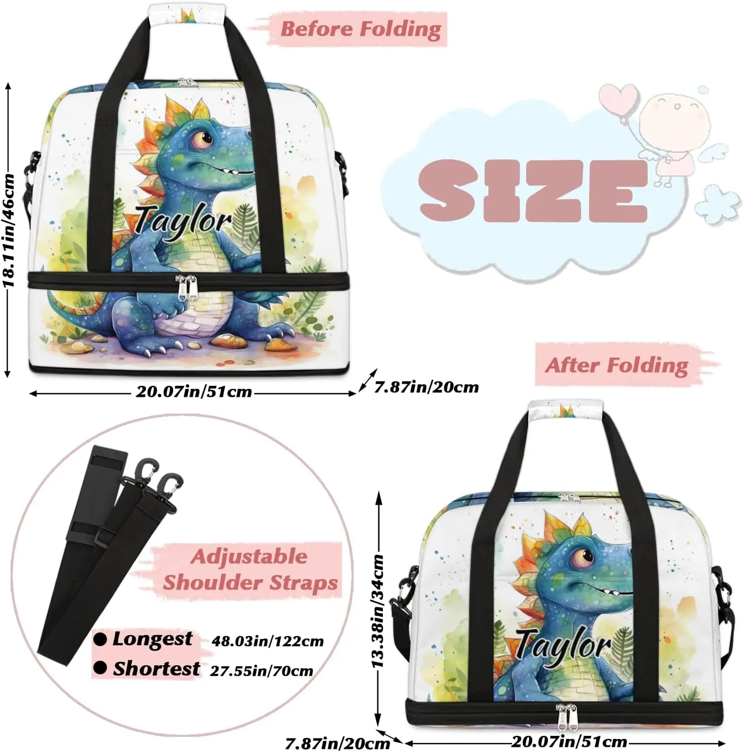 Customized Gym Bag for Women, Personalized Cute Dinosaur Travel Duffel Bag with Name, Dinosaur Theme Weekender Overnight Bag with Shoes Compartment for Men Travel Yoga