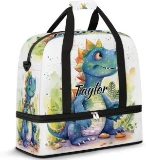 Customized Gym Bag for Women, Personalized Cute Dinosaur Travel Duffel Bag with Name, Dinosaur Theme Weekender Overnight Bag with Shoes Compartment for Men Travel Yoga