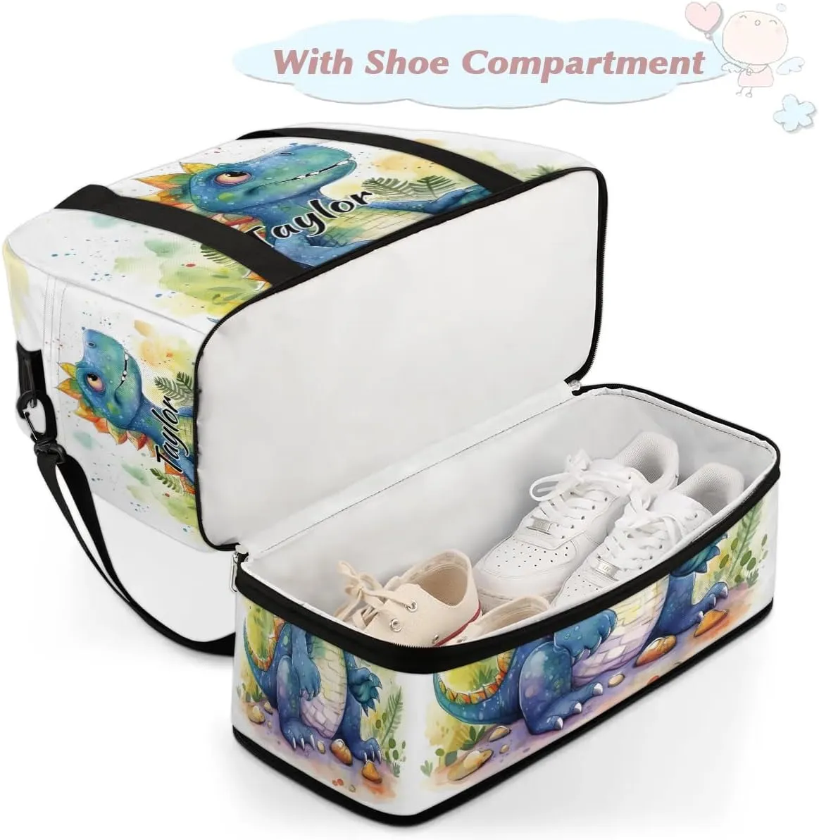 Customized Gym Bag for Women, Personalized Cute Dinosaur Travel Duffel Bag with Name, Dinosaur Theme Weekender Overnight Bag with Shoes Compartment for Men Travel Yoga