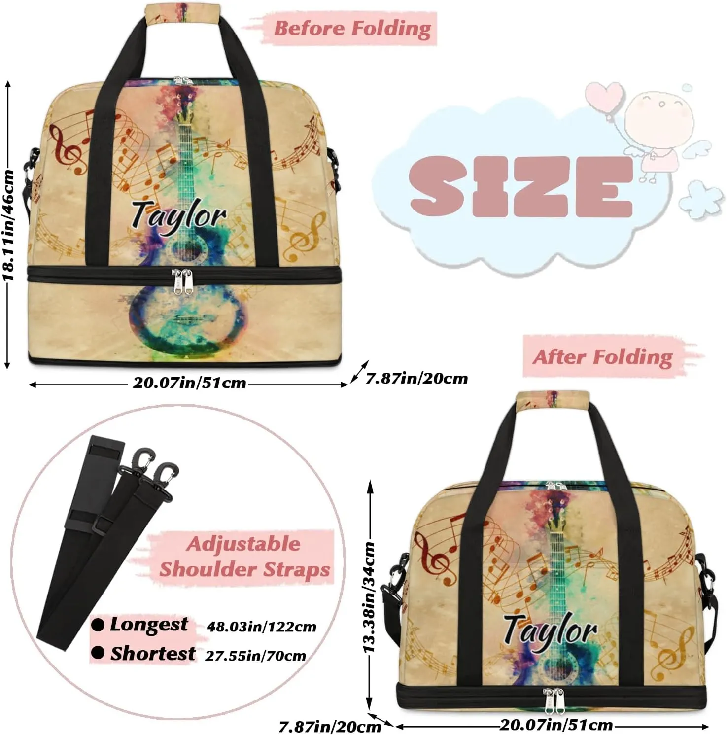 Customized Gym Bag for Women, Personalized Music Note Travel Duffel Bag with Name, Colorful Guitar Weekender Overnight Bag with Shoes Compartment for Men Travel Yoga