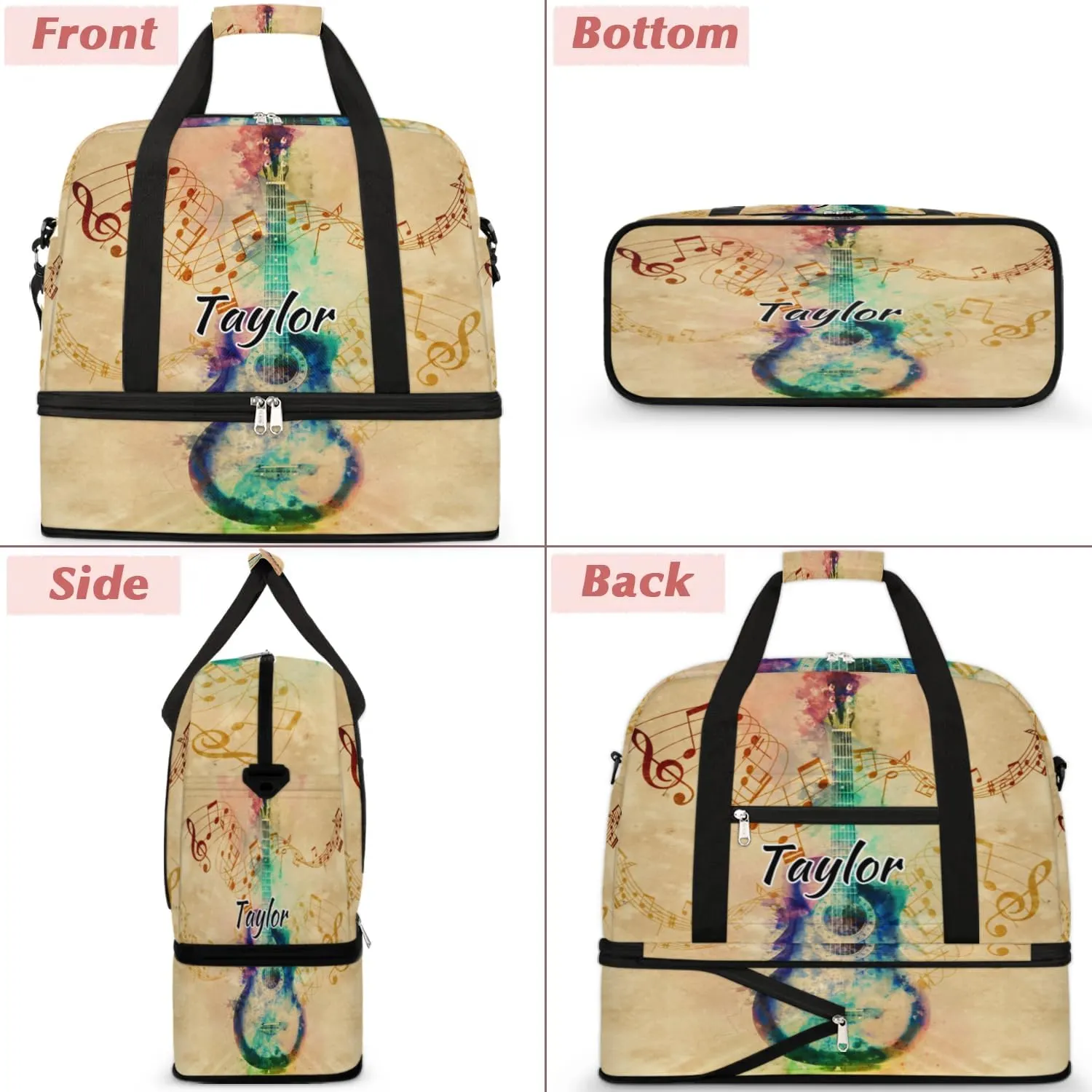 Customized Gym Bag for Women, Personalized Music Note Travel Duffel Bag with Name, Colorful Guitar Weekender Overnight Bag with Shoes Compartment for Men Travel Yoga