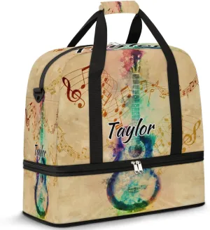 Customized Gym Bag for Women, Personalized Music Note Travel Duffel Bag with Name, Colorful Guitar Weekender Overnight Bag with Shoes Compartment for Men Travel Yoga