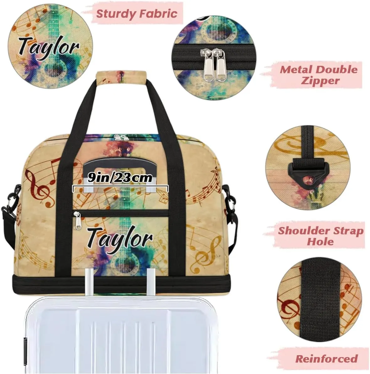 Customized Gym Bag for Women, Personalized Music Note Travel Duffel Bag with Name, Colorful Guitar Weekender Overnight Bag with Shoes Compartment for Men Travel Yoga