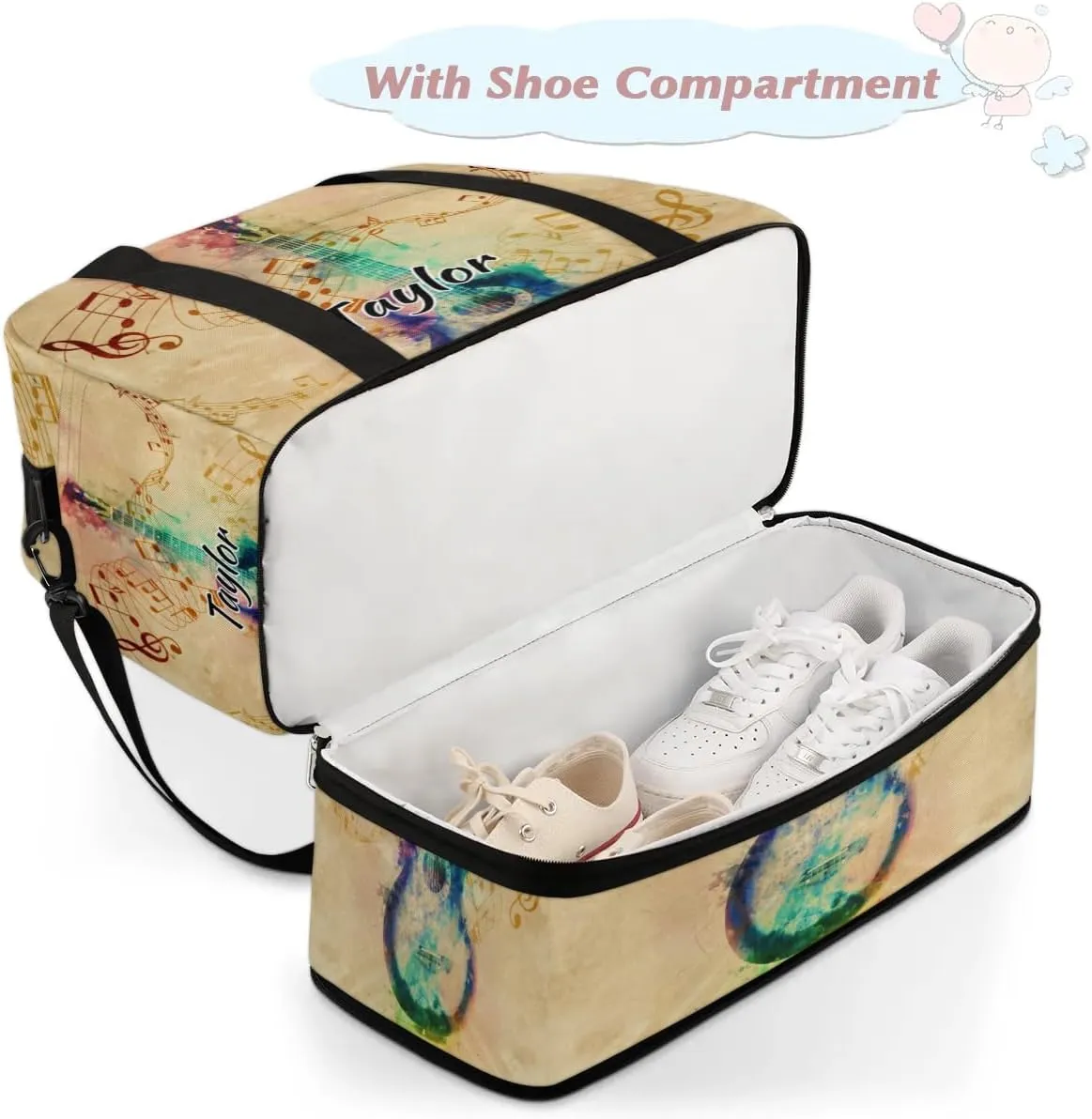 Customized Gym Bag for Women, Personalized Music Note Travel Duffel Bag with Name, Colorful Guitar Weekender Overnight Bag with Shoes Compartment for Men Travel Yoga