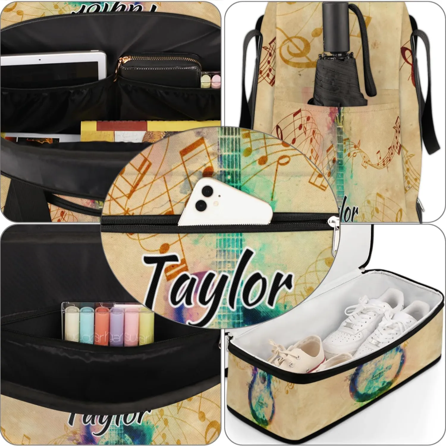 Customized Gym Bag for Women, Personalized Music Note Travel Duffel Bag with Name, Colorful Guitar Weekender Overnight Bag with Shoes Compartment for Men Travel Yoga