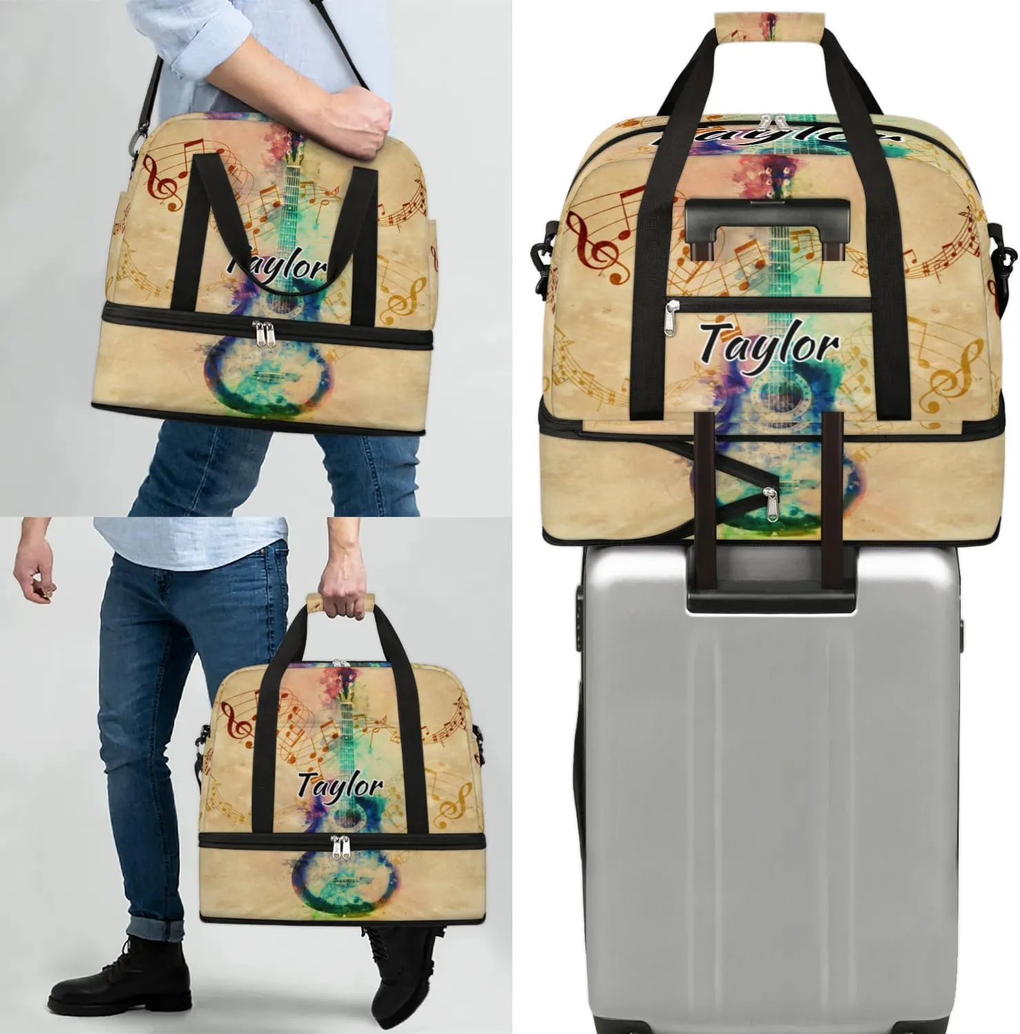 Customized Gym Bag for Women, Personalized Music Note Travel Duffel Bag with Name, Colorful Guitar Weekender Overnight Bag with Shoes Compartment for Men Travel Yoga
