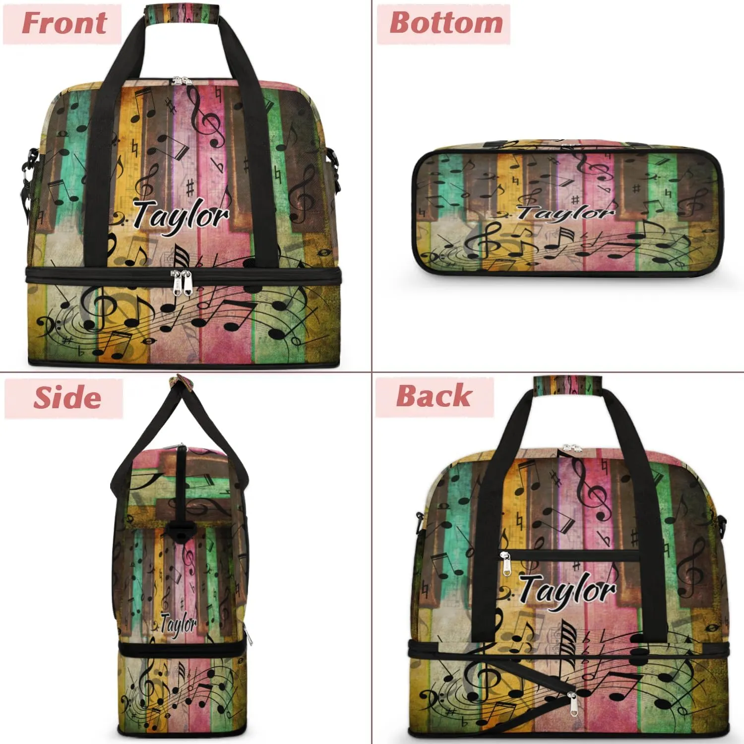 Customized Gym Bag for Women, Personalized Music Note Travel Duffel Bag with Name, Colorful Piano Weekender Overnight Bag with Shoes Compartment for Men Travel Yoga