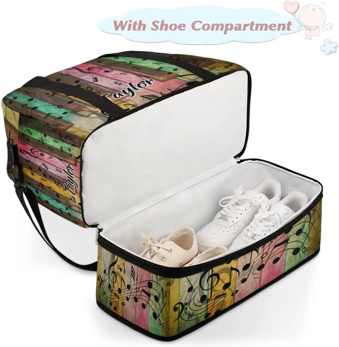 Customized Gym Bag for Women, Personalized Music Note Travel Duffel Bag with Name, Colorful Piano Weekender Overnight Bag with Shoes Compartment for Men Travel Yoga