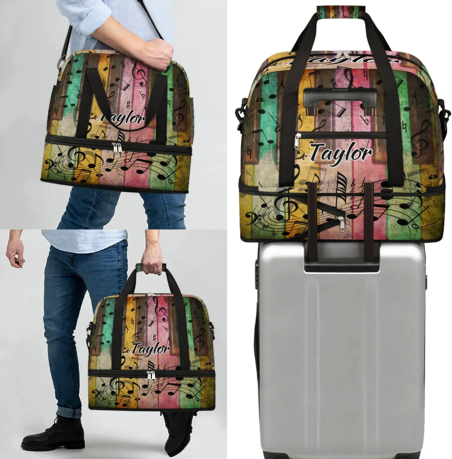 Customized Gym Bag for Women, Personalized Music Note Travel Duffel Bag with Name, Colorful Piano Weekender Overnight Bag with Shoes Compartment for Men Travel Yoga