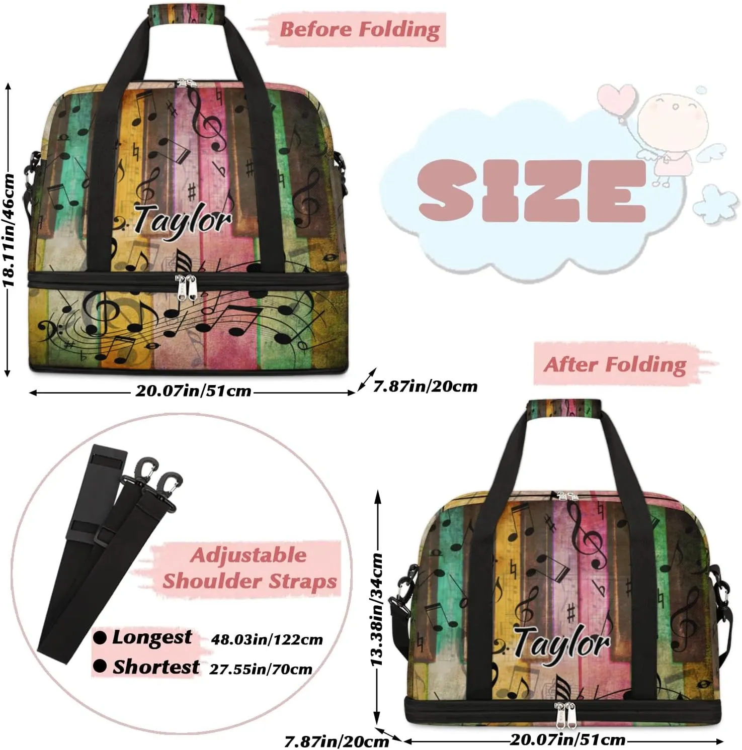 Customized Gym Bag for Women, Personalized Music Note Travel Duffel Bag with Name, Colorful Piano Weekender Overnight Bag with Shoes Compartment for Men Travel Yoga