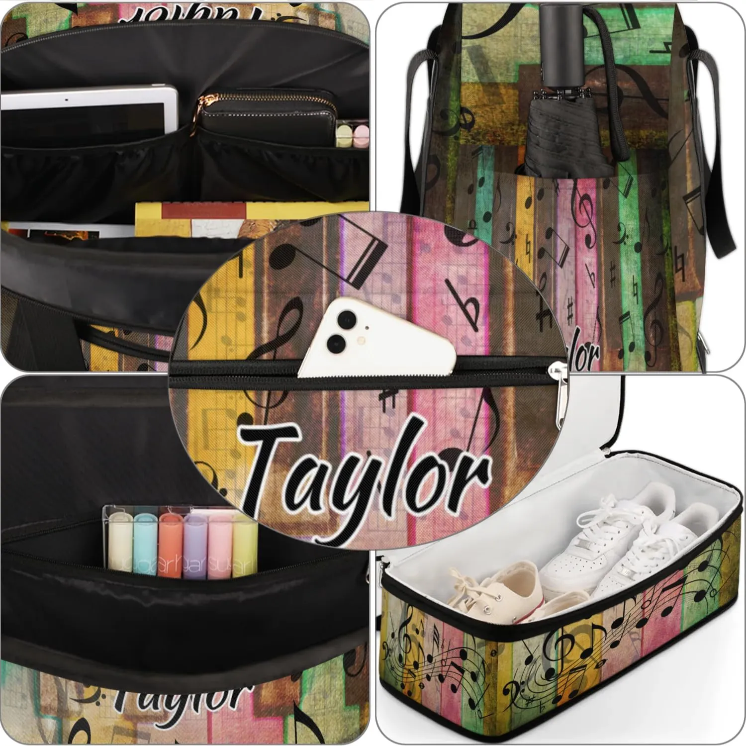 Customized Gym Bag for Women, Personalized Music Note Travel Duffel Bag with Name, Colorful Piano Weekender Overnight Bag with Shoes Compartment for Men Travel Yoga