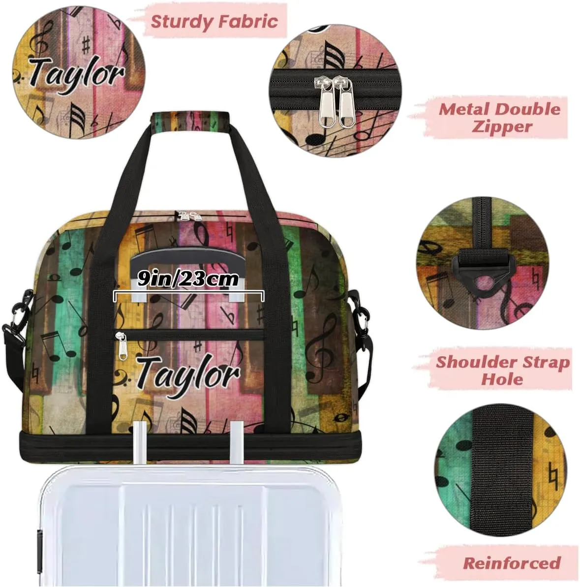 Customized Gym Bag for Women, Personalized Music Note Travel Duffel Bag with Name, Colorful Piano Weekender Overnight Bag with Shoes Compartment for Men Travel Yoga