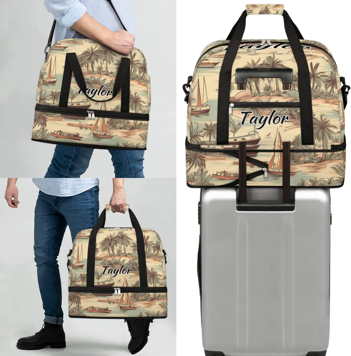 Customized Gym Bag for Women, Personalized Palm Trees Travel Duffel Bag with Name, Sea Beach Weekender Overnight Bag with Shoes Compartment for Men Travel Yoga