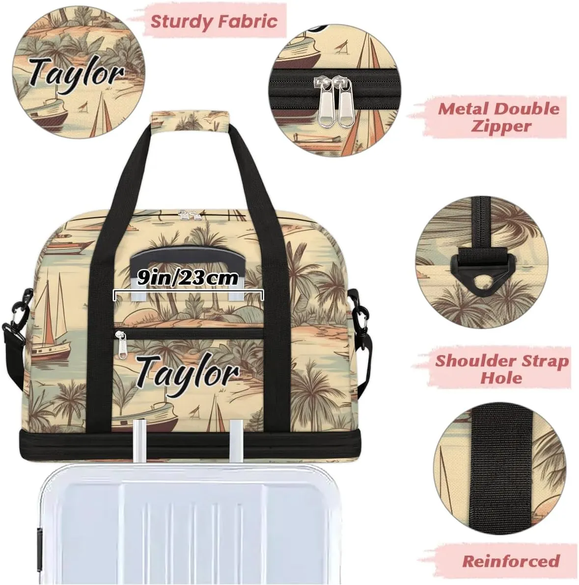 Customized Gym Bag for Women, Personalized Palm Trees Travel Duffel Bag with Name, Sea Beach Weekender Overnight Bag with Shoes Compartment for Men Travel Yoga