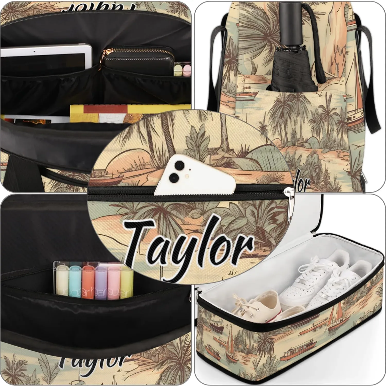 Customized Gym Bag for Women, Personalized Palm Trees Travel Duffel Bag with Name, Sea Beach Weekender Overnight Bag with Shoes Compartment for Men Travel Yoga