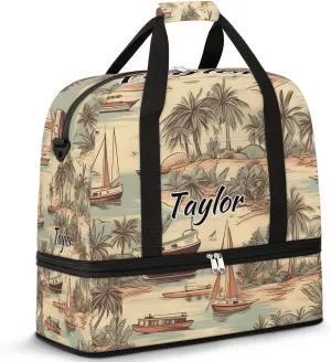 Customized Gym Bag for Women, Personalized Palm Trees Travel Duffel Bag with Name, Sea Beach Weekender Overnight Bag with Shoes Compartment for Men Travel Yoga