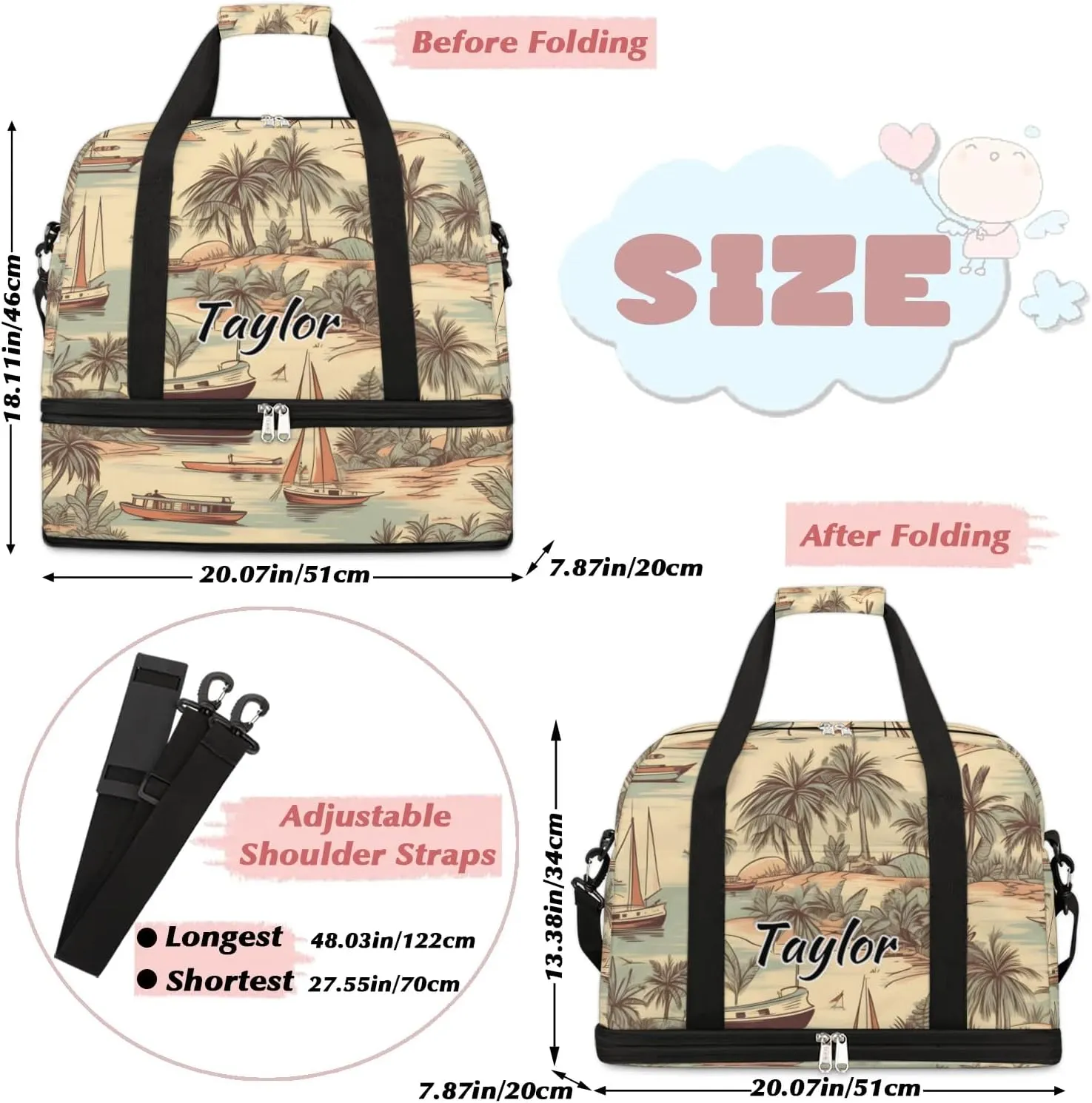 Customized Gym Bag for Women, Personalized Palm Trees Travel Duffel Bag with Name, Sea Beach Weekender Overnight Bag with Shoes Compartment for Men Travel Yoga