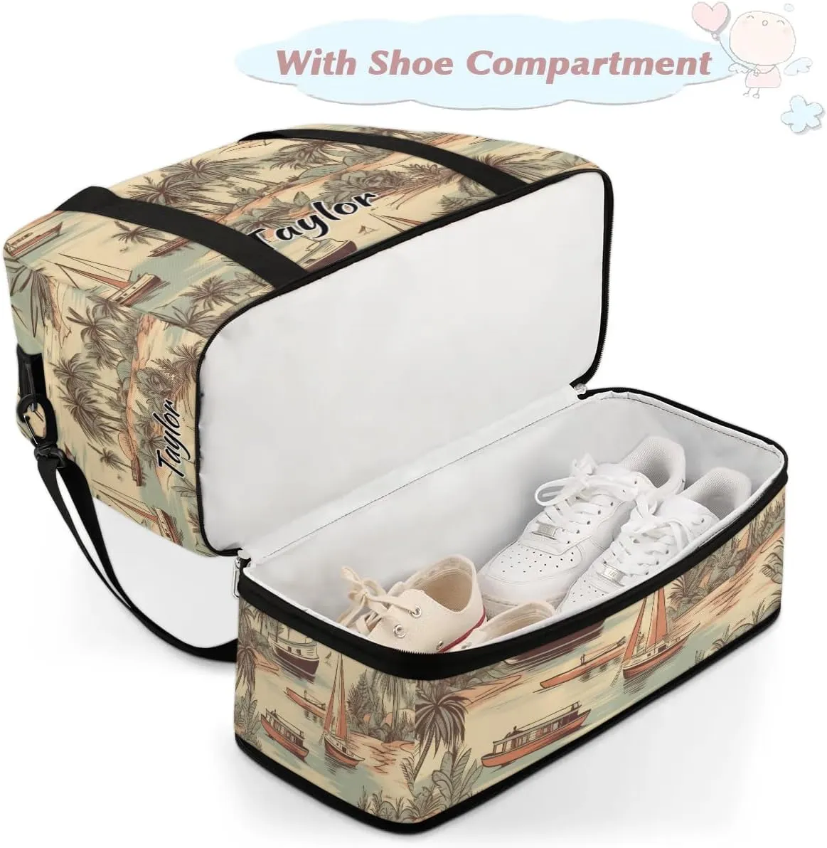 Customized Gym Bag for Women, Personalized Palm Trees Travel Duffel Bag with Name, Sea Beach Weekender Overnight Bag with Shoes Compartment for Men Travel Yoga