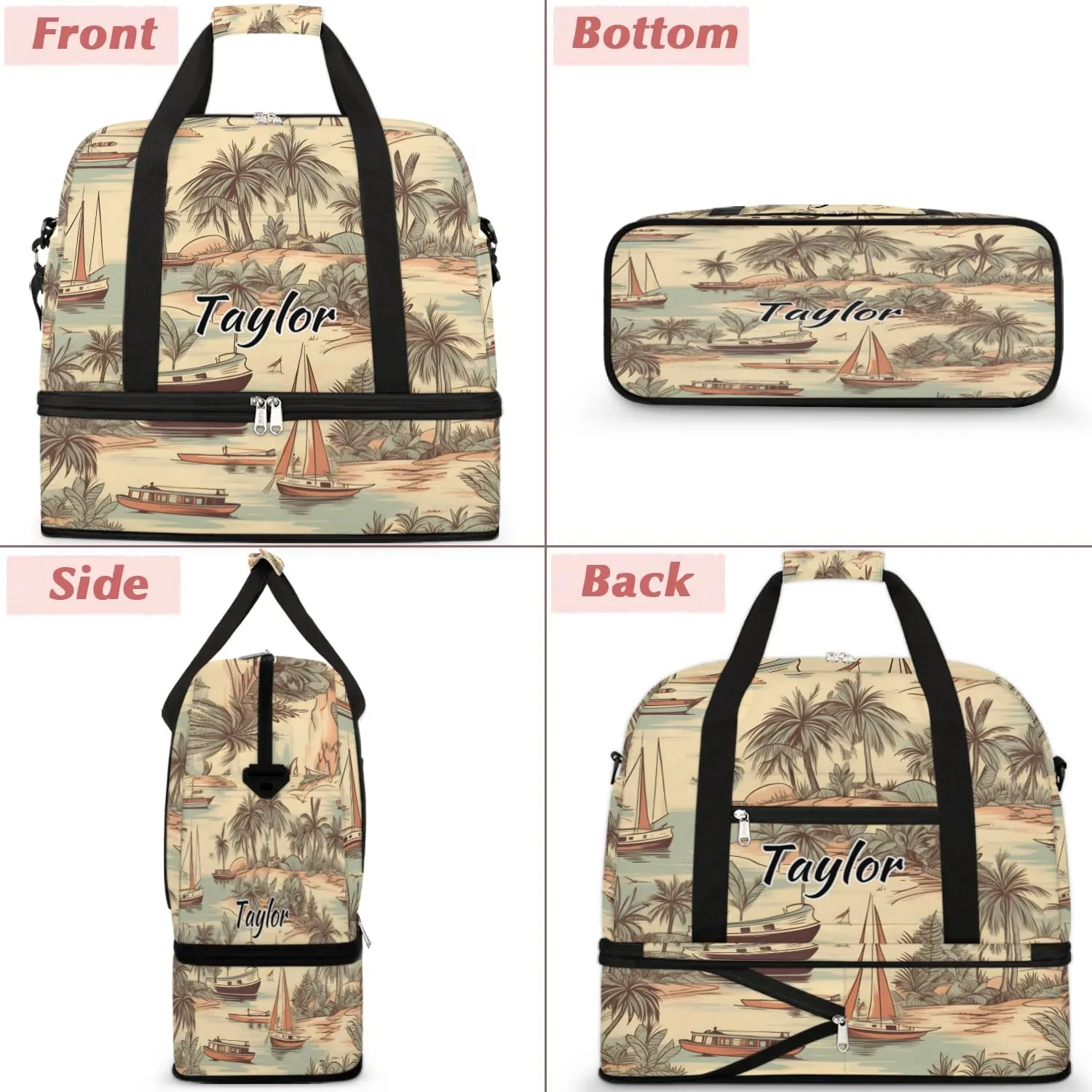 Customized Gym Bag for Women, Personalized Palm Trees Travel Duffel Bag with Name, Sea Beach Weekender Overnight Bag with Shoes Compartment for Men Travel Yoga