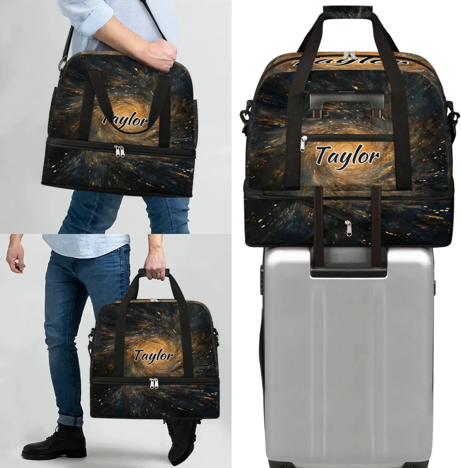 Customized Gym Bag for Women, Personalized Universe Starry Sky Travel Duffel Bag with Name, Galaxy Weekender Overnight Bag with Shoes Compartment for Men Travel Yoga