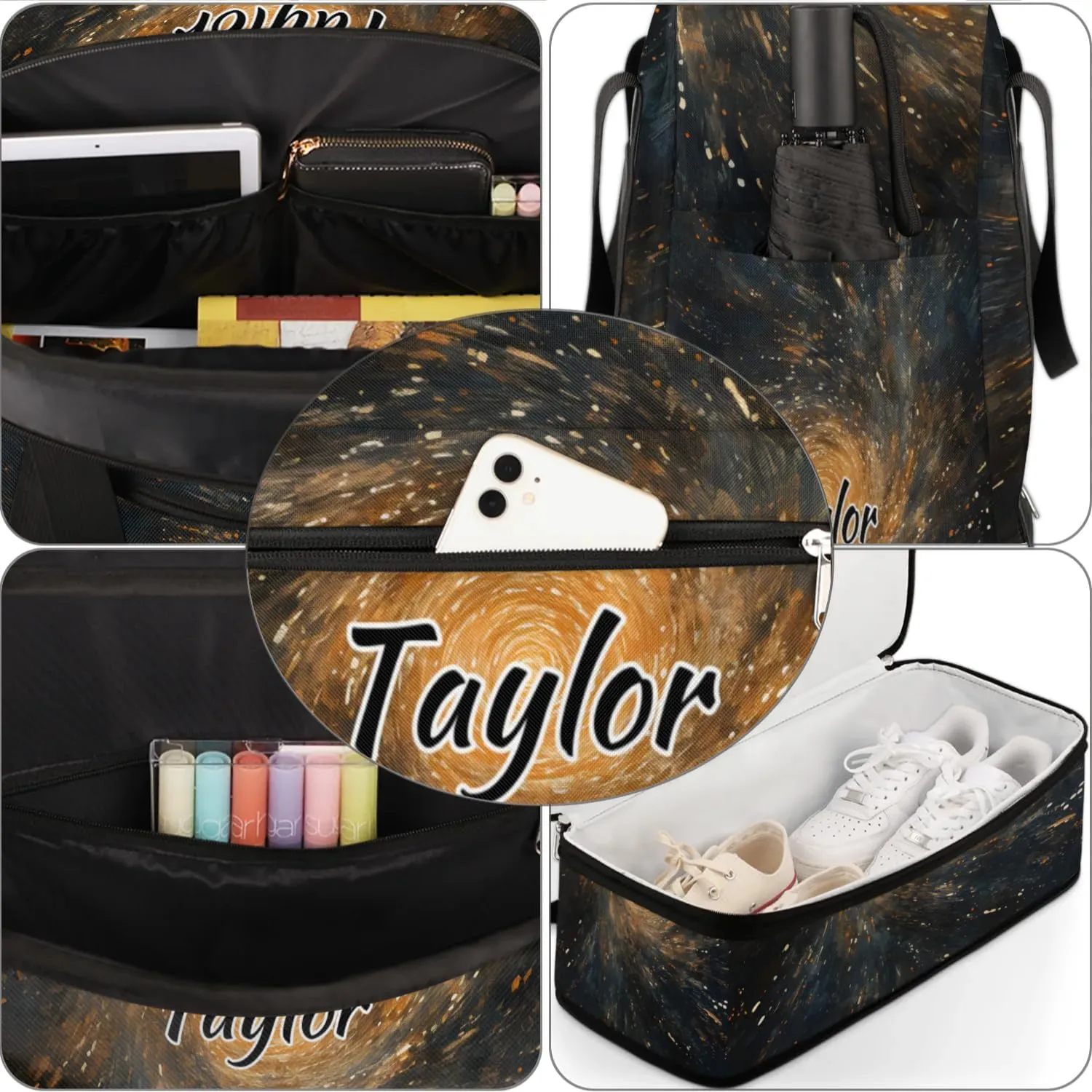 Customized Gym Bag for Women, Personalized Universe Starry Sky Travel Duffel Bag with Name, Galaxy Weekender Overnight Bag with Shoes Compartment for Men Travel Yoga