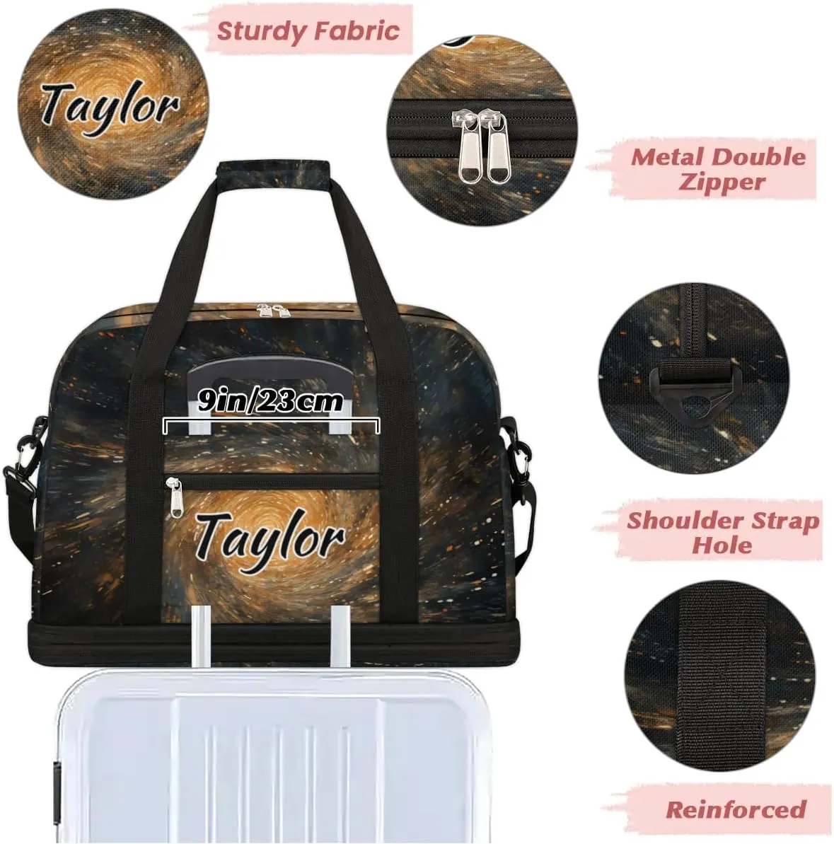 Customized Gym Bag for Women, Personalized Universe Starry Sky Travel Duffel Bag with Name, Galaxy Weekender Overnight Bag with Shoes Compartment for Men Travel Yoga