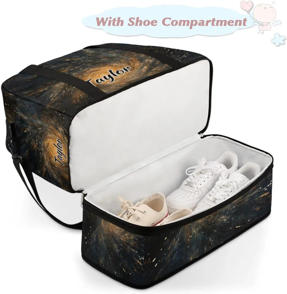 Customized Gym Bag for Women, Personalized Universe Starry Sky Travel Duffel Bag with Name, Galaxy Weekender Overnight Bag with Shoes Compartment for Men Travel Yoga