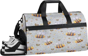 Cute Bees Pattern Sports Gym Bag for Women Men Travel Duffel Bag with Wet Pocket & Shoes Compartment Waterproof Weekender Overnight Tote Carry on Bag Lightweight